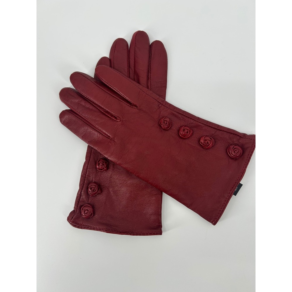 Max Studio Womens Red Genuine Leather Rosette Floral Accent Gloves Size L